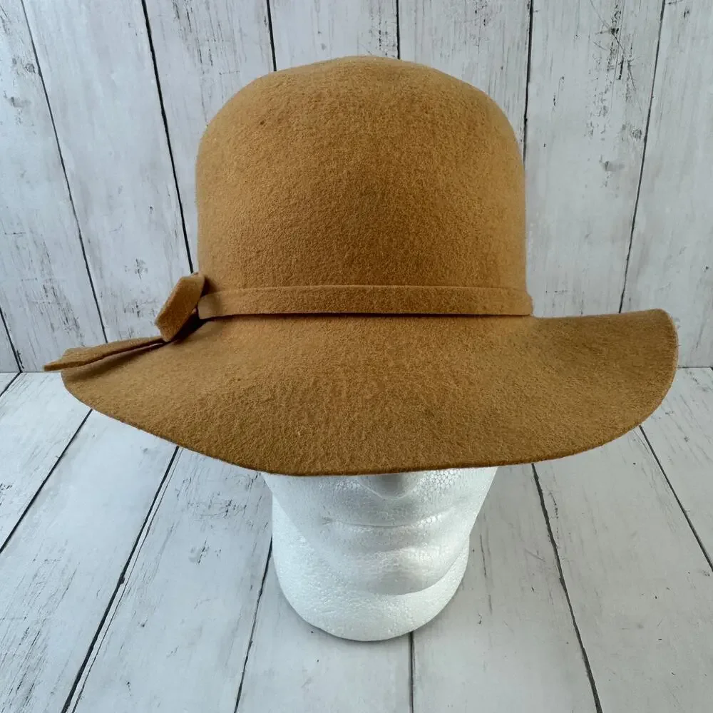 VTG Astre Tan Wool Bow Round Cloche Cap Hat Union Made USA Women's One Size